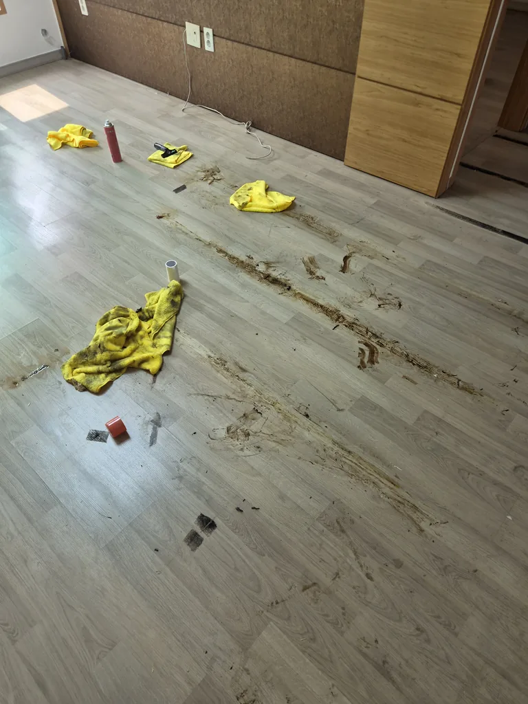 바닥 접착제 끈끈이 제거 중 — 약품으로 풀어 닦아내는 작업 | 수도권 특수청소