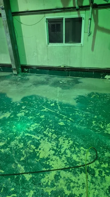 창문이 있는 벽 앞 공장 바닥에서 물에 젖어 짙어진 부분과 아직 마른 부분이 나뉘어 보이는 모습