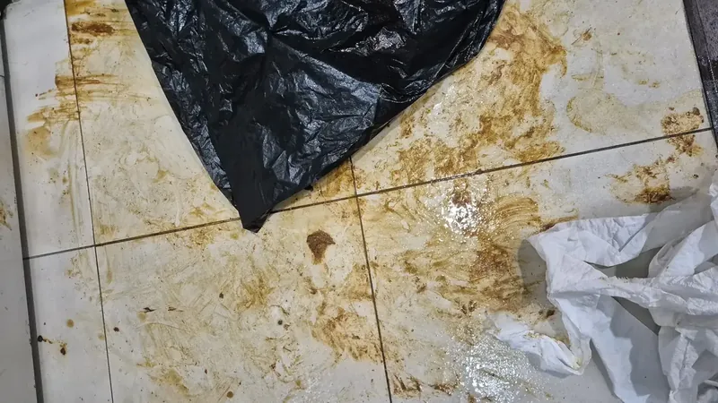 현관 타일 바닥 분변 오염 클로즈업 작업 전