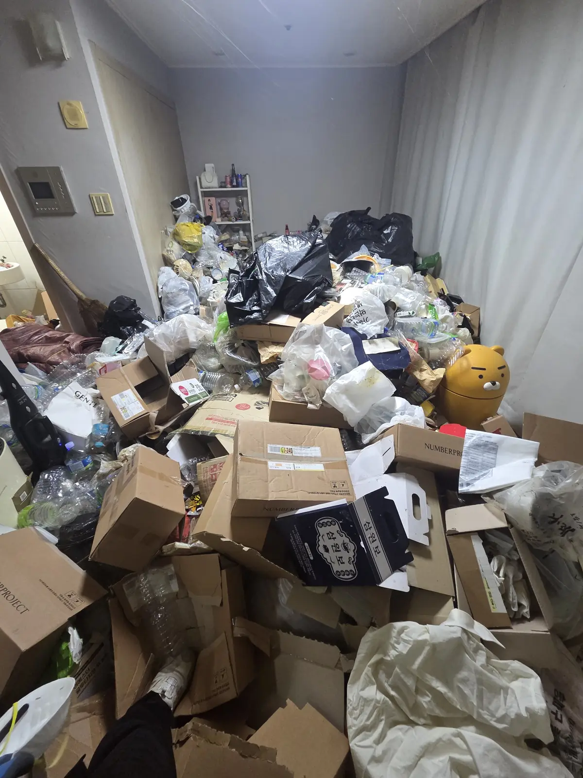 현관에서 거실까지 이어진 쓰레기 더미로 통로가 사라진 쓰레기집 작업 전 상태