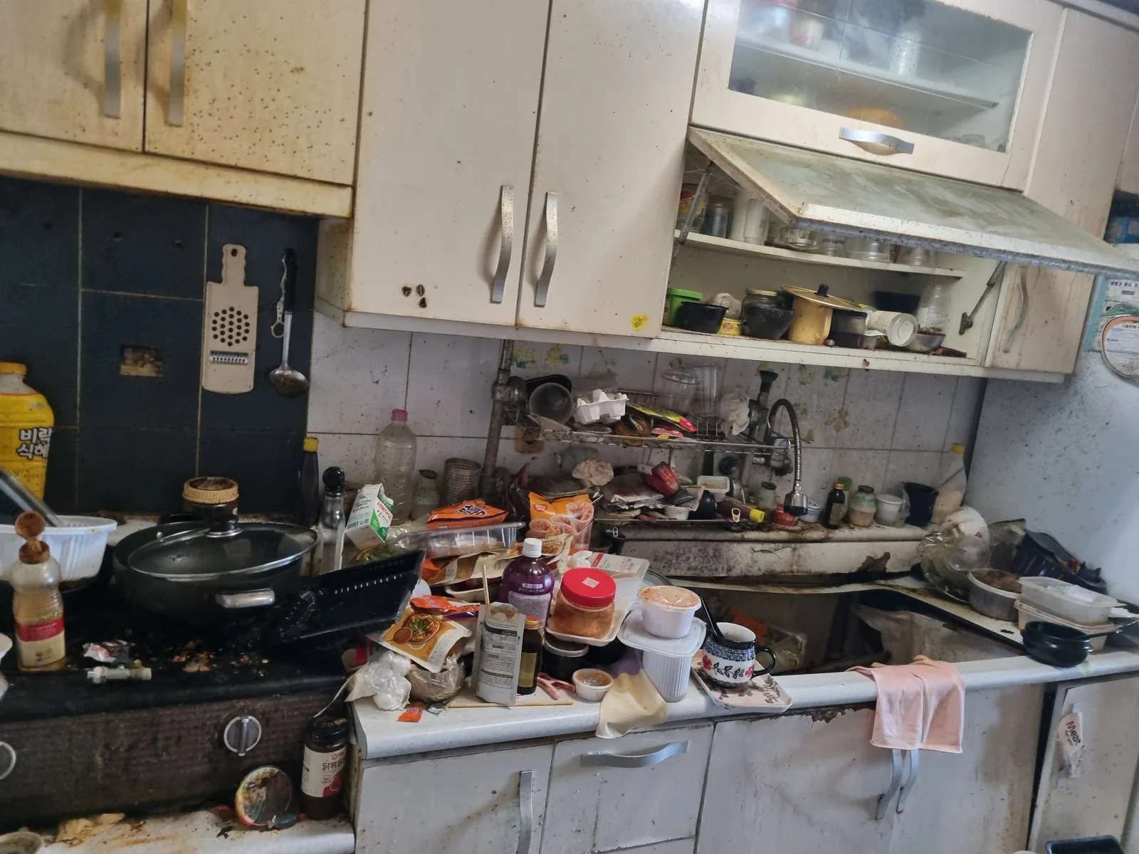 주방 조리대와 싱크대가 용기와 식자재로 가득 찬 상태 — 조리 공간이 남지 않은 저장강박 현장