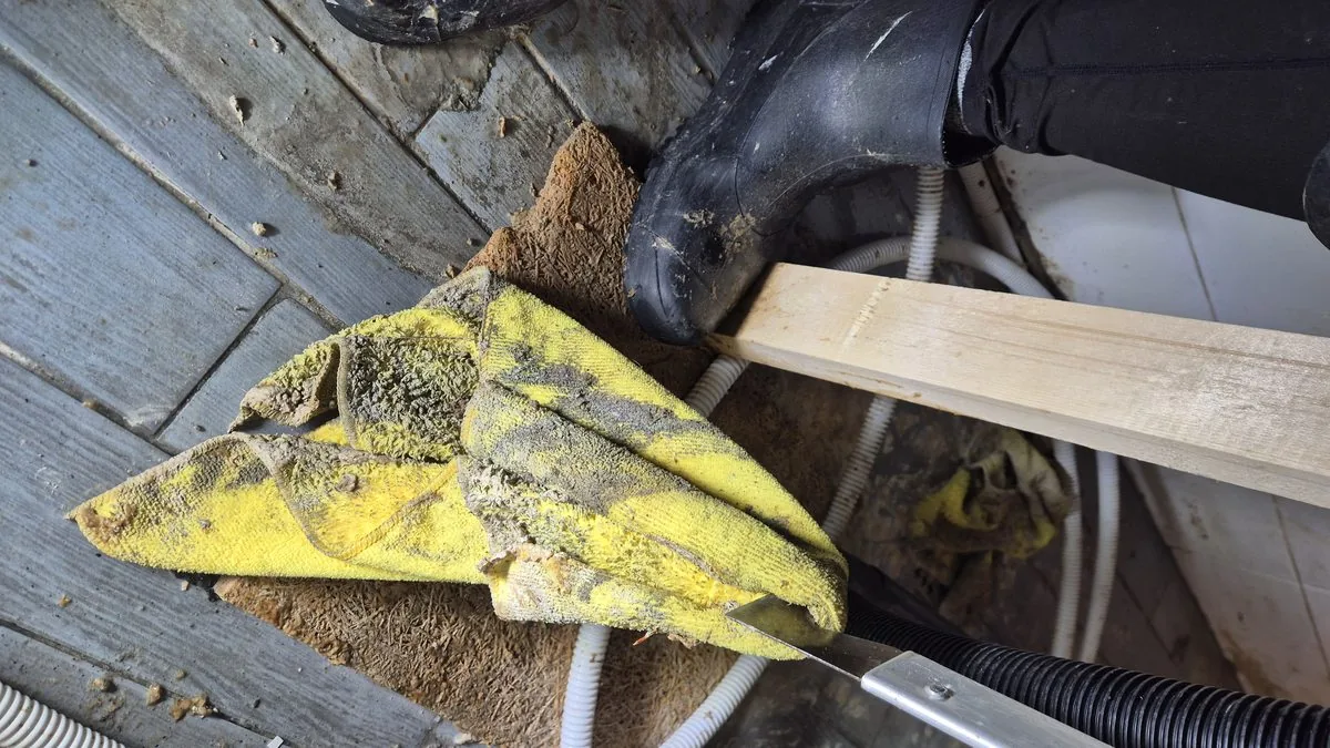 작업자 장화 호스로 오물 직접 제거