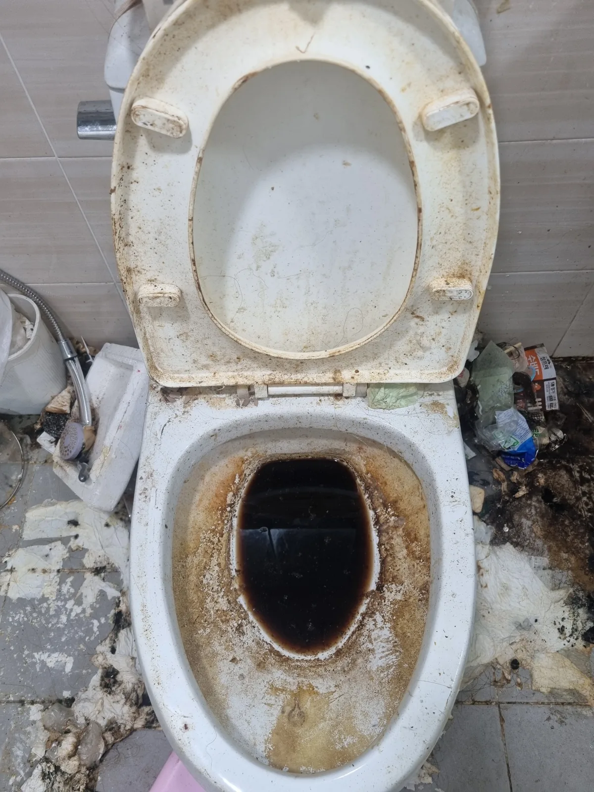 장기 방치된 변기 내부 — 물때와 오염이 겹겹이 굳어 자국이 남은 상태로 특수청소가 필요한 대표 구간