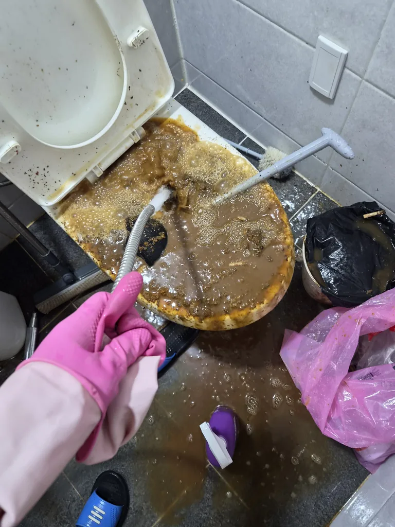 변기 막힘 대변 제거 작업 전 — 막힌 변기에 꽉 찬 오물이 바닥으로 넘친 상태, 흡입 회수 | 서울 오물청소