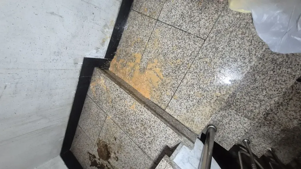 계단실 구토 오염 광각 — 여러 단에 걸쳐 토사물이 번진 작업 전 광역 전경